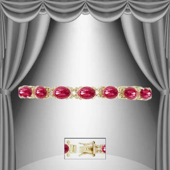 Genuine 14 CT Cabochon Ruby Bracelet: Master jewelers designed your bracelet with 16 pieces of GENUINE 7X5mm oval cabochon rubies. 11.4 grams of sterling silver layered with 18K Gold. The length is 7 1/2 inches. The width is 1/4 inches or