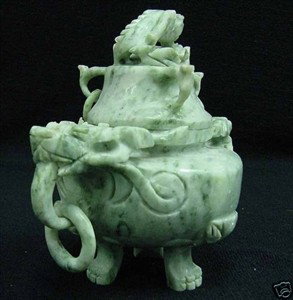 REAL JADE INCENSE BURNER: This Incense Burner is made from Southern Jade. Dark green with some spots light green. The bottom and the cover is seperate. Very detailed carving. Long: 6". Wide: 5". High: 6".