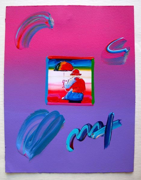 Peter Max UMBRELLA MAN Original Mixed Media: This is a Peter Max hand signed mixed media titled "UMBRELLA MAN". This piece is hand overpainted by Peter Max with a variation color combination of brushstrokes of his original artwork and hand signe