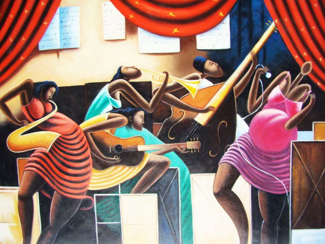 "Jazz Fest" Large Size Handmade Oil Painting: The strong abstract lines with a cubist influence will create a colorful and vivid space on any wall. The fusion of colors and textures in this oil painting add interest and style. Through smooth stro