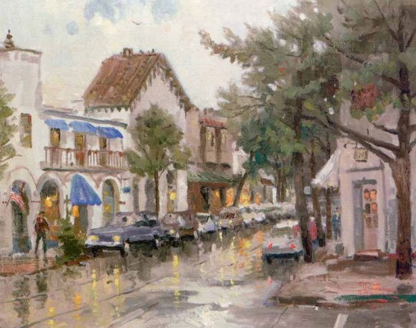Thomas Kinkade "Rainy Day in Carmel": Signed by the Artist Paper Lithograph Limited Edition Includes Official Thomas Kinkade Certificate of Authenticity •Size: 16x12