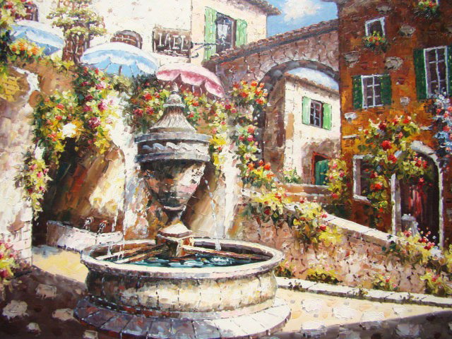 Impressionist Painting "Courtyard Fountain": Let yourself get swept away to a far away land of beauty and passion. Painted with warm soft colors that fuse together to create a peaceful and dreamlike scene, this piece whisks you away to springtim