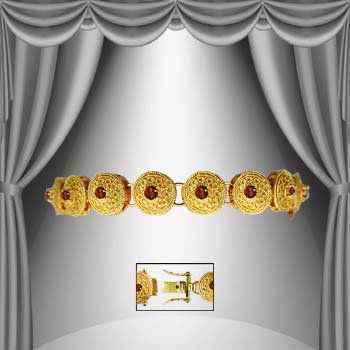 Genuine 6 CT Garnet Museum Bracelet: Master jewelers handcrafted this museum bracelet with 15 pieces of 5mm genuine garnets. The stones are set in 21 grams of sterling silver layered with 18K gold plated and antiqued. The length of the b