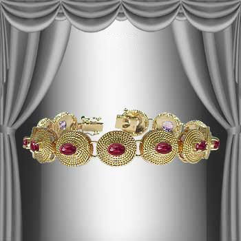 Genuine 7 CT Cabochon Ruby Museum Bracelet: Master jewelers handcrafted this museum bracelet with 12 pieces of 6mm x 4mm oval genuine cabochon rubies. The stones are set in 21 grams of sterling silver layered with 18K gold plated and antiqued.