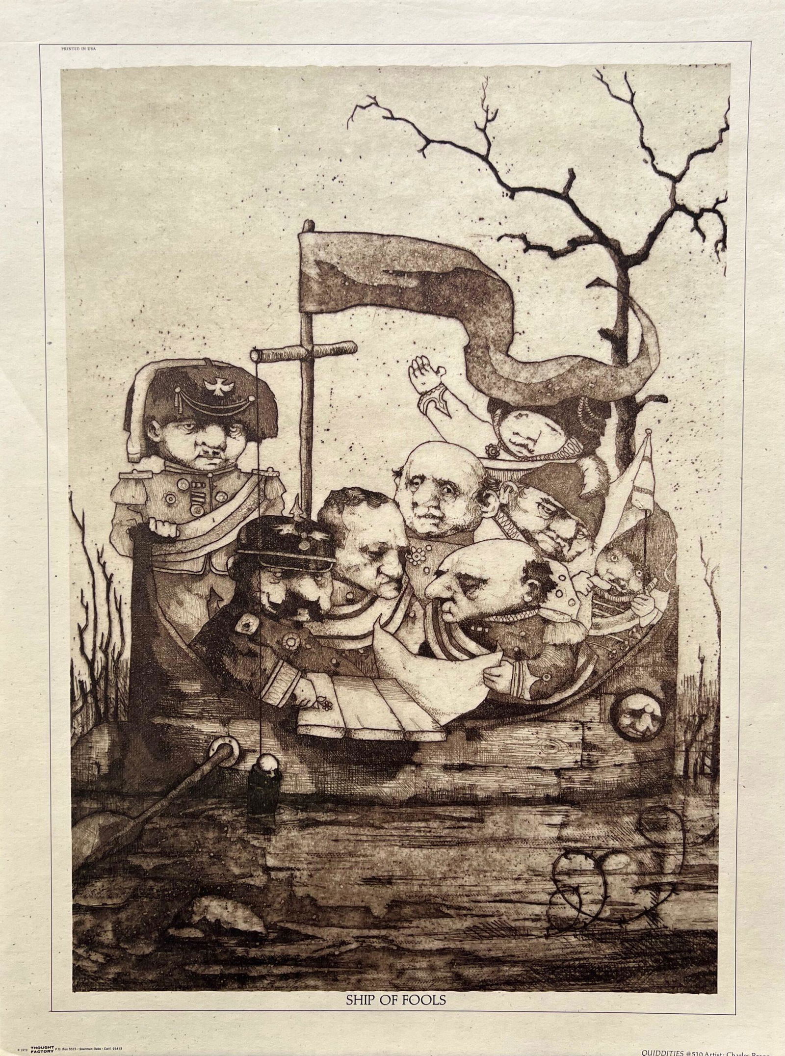 Charles Bragg Ship Of Fools 1972 Lithograph: This is a Charles Bragg rare vintage offset lithograph titled Ship of Fools. Sepia color. Comes unsigned and unframed. In nice condition, as pictured Paper Size: 25 inches x 19 inches. Image size: 22