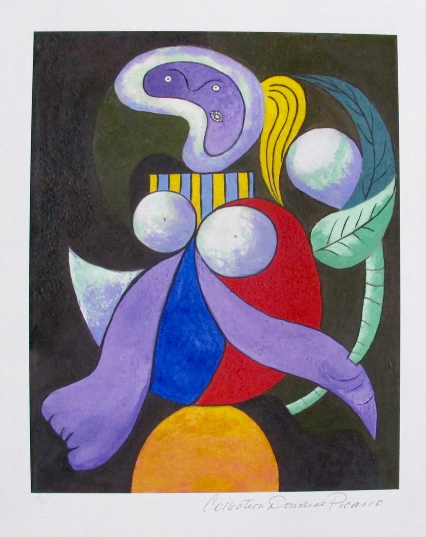 Pablo Picasso Women With A Flower: PABLO PICASSO (ESTATE COLLECTION DOMAINE) (1881-1973) small giclee titled “WOMEN WITH A FLOWER”. This piece is pencil signed on the lower right as ‘Collection Domaine Picasso’ and has an embos