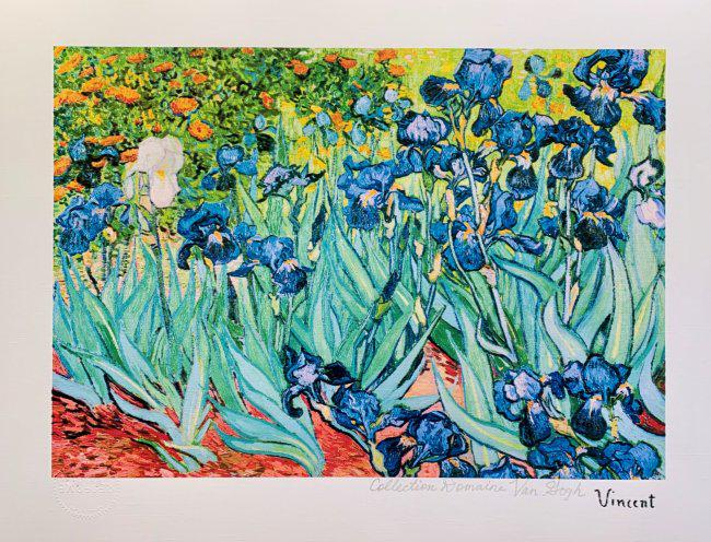 Fine Art Irises by Vincent Van Gogh Estate Signed Giclee: This is a giclee titled IRISES. This piece is pencil signed on the lower right as Collection Domaine Van Gogh and has an embossed seal stamped by the Estate Domaine. Pencil numbered from an edition of