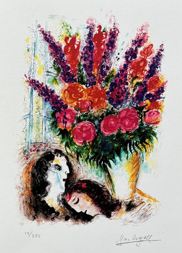 Marc Chagall BOUQUET OF FLOWERS Giclee: This is a Marc Chagall limited edition giclee titled “BOUQUET OF FLOWERS”. This subject is facsimile signed which means it has a copy of Chagall’s signature. Numbered from a limited edition of 3