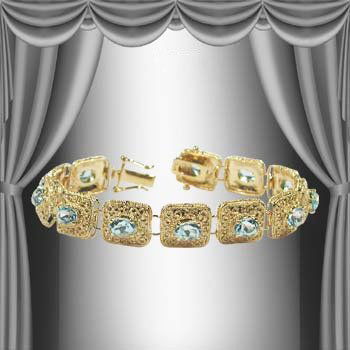 Genuine 7 CT Blue Topaz Museum Bracelet: Master jewelers handcrafted this museum bracelet with 12 pieces of 6mm x 4mm oval genuine blue topaz. The stones are set in 21 grams of sterling silver layered with 18K gold plated and antiqued. The l
