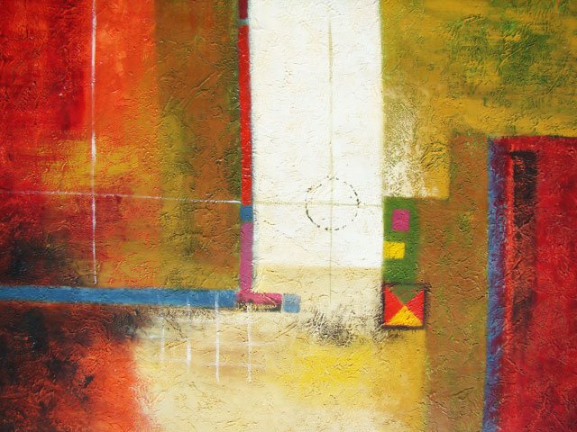 "Playing with Crayons" Large Size Abstract Oil Pai: The strong abstract lines with a cubist influence will create a colorful and vivid space on any wall. The fusion of colors and textures in this oil painting add interest and style. Through smooth stro