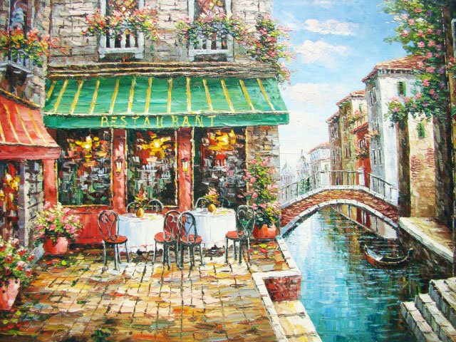 Large Handmade Oil Painting "Little Bridge Restaur: This piece sweeps you away to a far away land of romance. Painted with warm color transitions that fuse together to create a peaceful and reminiscent scene, this painting takes you away to quiet cafe 