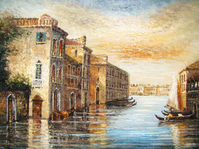 Fine Art "Venice Canals" Handmade Oil on Canvas: This piece sweeps you away to a far away land of romance. Painted with warm color transitions that fuse together to create a peaceful and reminiscent scene, this painting takes you away to the quiet V