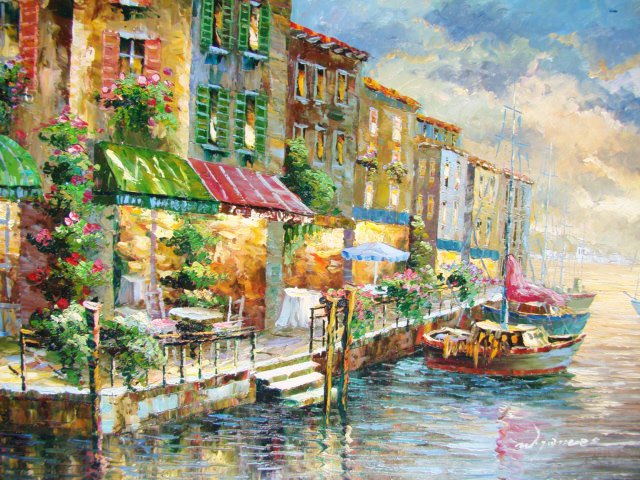 Fine Art "Marina Cafe" Handmade Oil on Canvas: This piece sweeps you away to a far away land of romance. Painted with warm color transitions that fuse together to create a peaceful and reminiscent scene, this painting takes you away to the quiet V