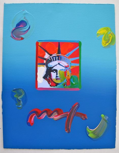 Peter Max LIBERTY HEAD Original Mixed Media: This is a Peter Max hand signed mixed media titled "LIBERTY HEAD". This piece is hand overpainted by Peter Max with a variation color combination of brushstrokes of his original artwork and hand signe
