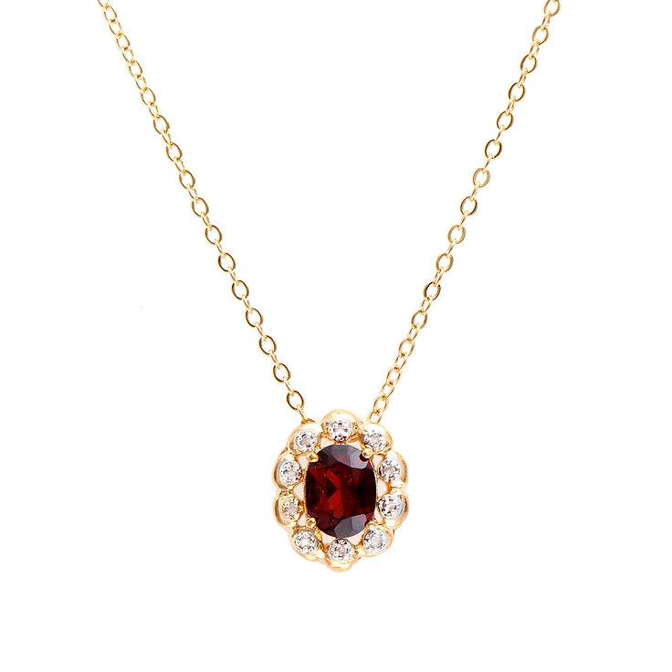 Plated 18KT Yellow Gold 1.28cts Garnet and Diamond Necklace: One Plated 18KT Yellow Gold 1.28cts Garnet and Diamond Necklace 18 in. (1) Brown Garnet stones with a total weight of 1.2cts. (10) diamonds with a total of 0.08cts with a color of H-I and clarity of I