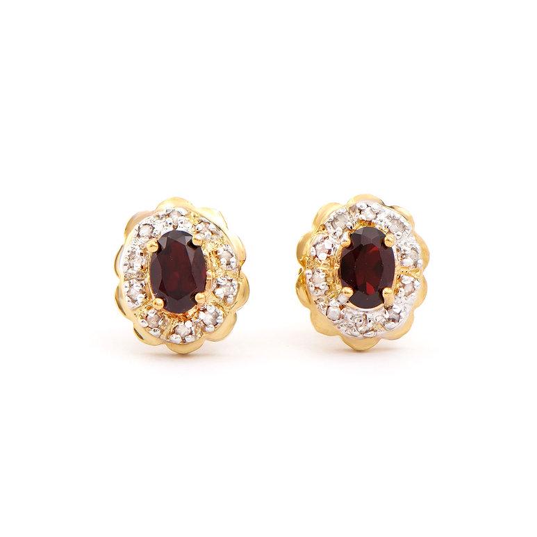 Plated 18KT Yellow Gold 1.02cts Garnet and Diamond Earrings: One pair of Plated 18KT Yellow Gold 1.02cts Garnet and Diamond Earrings. (2) Brown Garnet stones with a total weight of 0.84cts. (20) diamonds with a total of 0.18cts with a color of H-I and clarity o