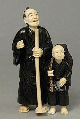 Mammoth Ivory & Ebony Iron Wood "Farmer & Kid" Oki: 100% Genuine Mammoth ivory & Ebony Irone Wood handcrafted "Farmer & Kid" okimono, size: 3-1/16" x 1-11/16" x 1-1/16" (78mm x 43mm x 27mm). This okimono is carved by our artisan. The carving is very de