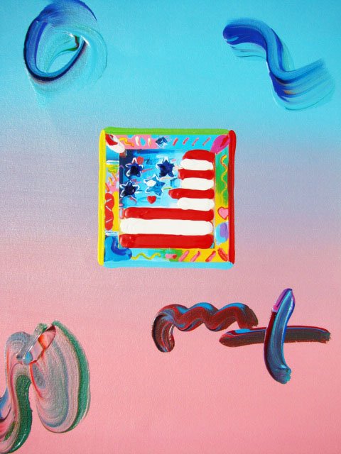 Peter Max "FLAG WITH HEARTS" Original Mixed Media: This is a Peter Max hand signed mixed media titled "FLAG WITH HEARTS". This piece is hand overpainted by Peter Max with a variation color combination of brushstrokes of his original artwork and hand s
