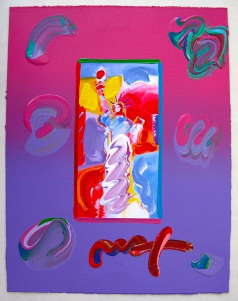 Peter Max STANDING LIBERTY Original Mixed Media: This is a Peter Max hand signed mixed media titled "LIBERTY HEAD". This piece is hand overpainted by Peter Max with a variation color combination of brushstrokes of his original artwork and hand signe