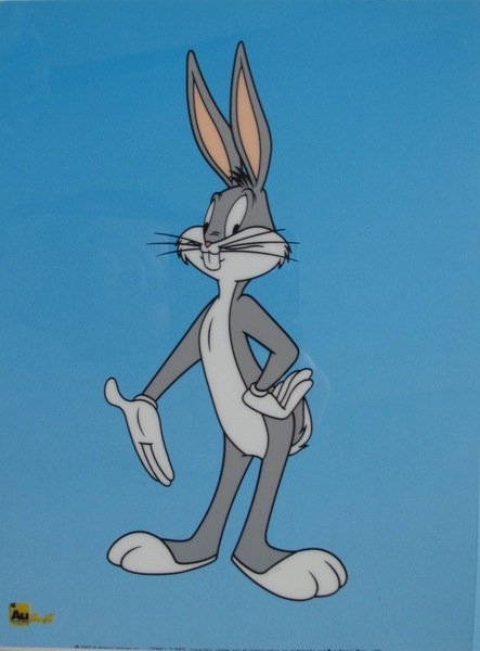Warner Bros BUGS BUNNY Standing Sericel: This is a Limited Edition Sericel of Warner Bros Looney Tunes BUGS BUNNY. This fantastic animation features the Road Runner as he appeared in the 1970's cartoons. This Cel measures 8 by 6 inches, come