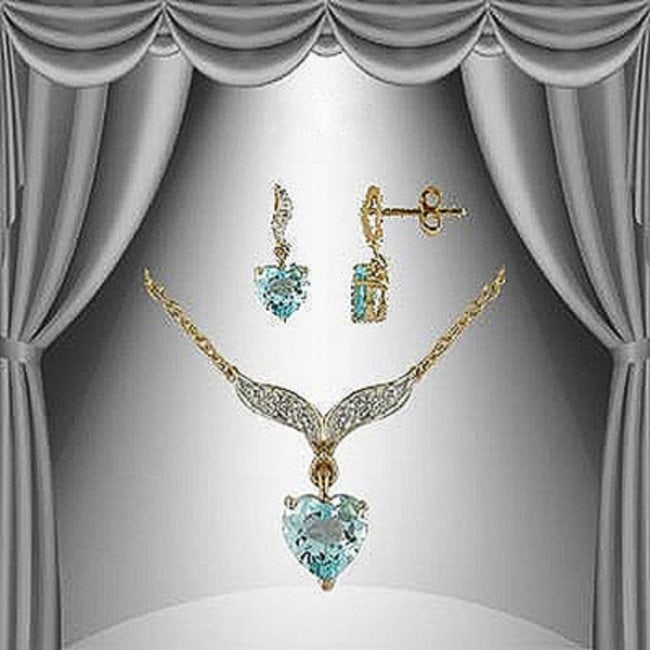 4.17 CT Topaz & Diamond Hearts Fine Designer Set: Master jewelers designed your amazing Set with: Necklace: 1 piece of GENUINE 4x6mm faceted heart Blue Topaz no treatment quality AAA. 2 pieces of GENUINE single cut diamonds 0.04 carat Tw,no treatment