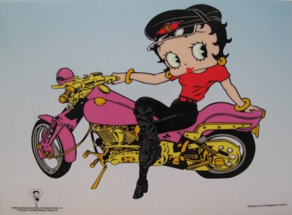 Betty Boop HARLEY MOTORCYCLE Animation Sericel: This is a Limited Edition Sericel of Betty Boop on a Harley Motorcycle. This fantastic animation features Betty as she appeared in the cartoons. This Cel measures 6 by 8 inches, comes unframed.