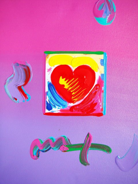 Peter Max HEART Original Mixed Media: This is a Peter Max hand signed mixed media titled "HEART". This piece is hand overpainted by Peter Max with a variation color combination of brushstrokes of his original artwork and hand signed by Pe