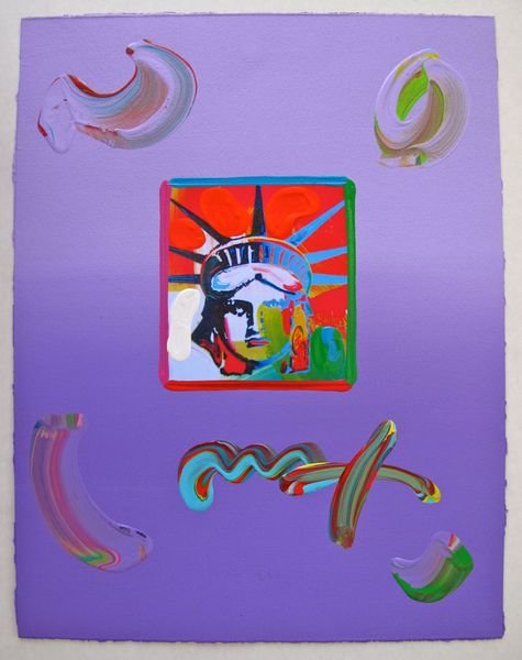 Peter Max LIBERTY HEAD Original Mixed Media: This is a Peter Max hand signed mixed media titled "LIBERTY HEAD". This piece is hand overpainted by Peter Max with a variation color combination of brushstrokes of his original artwork and hand signe
