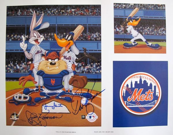 LOONEY TUNES Autographed Art METS BASEBALL: This is a Limited Edition hand signed lithograph of Warner Bros Looney Tunes Bugs Bunny, Daffy Duck and Taz as the N.Y. Mets baseball players. This fine collectible is hand signed by DAVE KINGMAN, JER