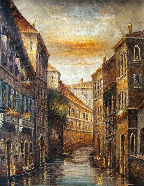 Impressionist Art "Sweet Venice" Handmade Oil on C: This piece sweeps you away to a far away land of romance. Painted with warm color transitions that fuse together to create a peaceful and reminiscent scene, this painting takes you away to the quiet V