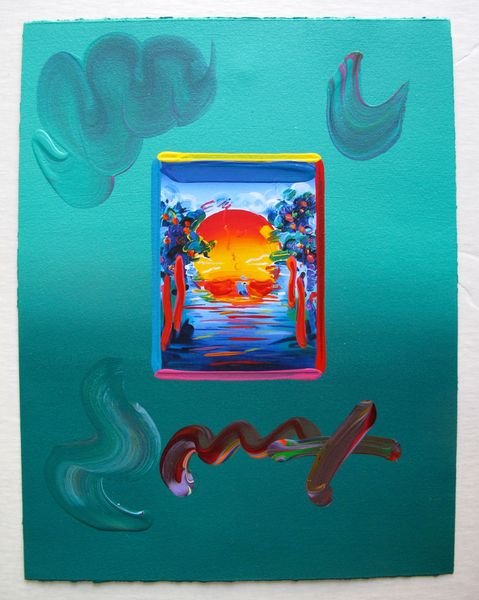 Peter Max BETTER WORLD Original Mixed Media: This is a Peter Max hand signed mixed media titled "BETTER WORLD". This piece is hand overpainted by Peter Max with a variation color combination of brushstrokes of his original artwork and hand signe