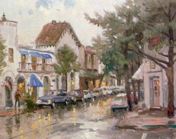 Thomas Kinkade "Rainy Day in Carmel": Signed by the Artist Paper Lithograph Limited Edition Includes Official Thomas Kinkade Certificate of Authenticity •Size: 16x12