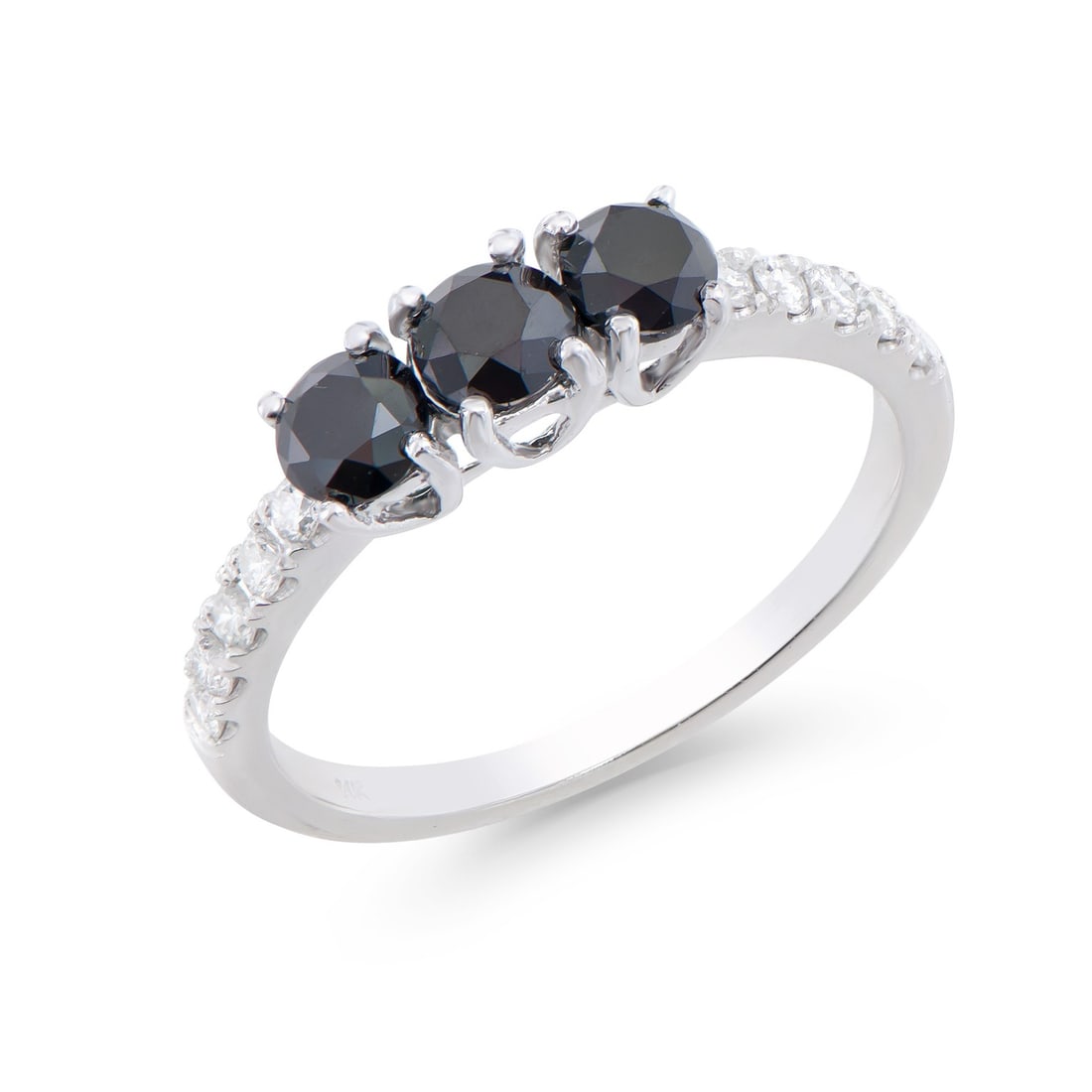 14KT White Gold 1.28ctw Black Diamond Ring: (3) round Black Diamonds with a total weight of 1.02cts with a color of Black and clarity of I1-I2. (10) round Diamonds with a total weight of 0.26cts with a color of H-I and clarity of I1-I2. Total w