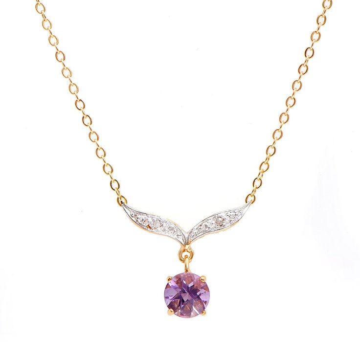Plated 18KT Yellow Gold 1.04cts Amethyst and Diamond Necklace: One Plated 18KT Yellow Gold 1.04cts Amethyst and Diamonds Necklace 18 in. (1) Violet Amethyst stones with a total weight of 1.02cts. (2) diamonds with a total of 0.02cts with a color of H-I and clarit