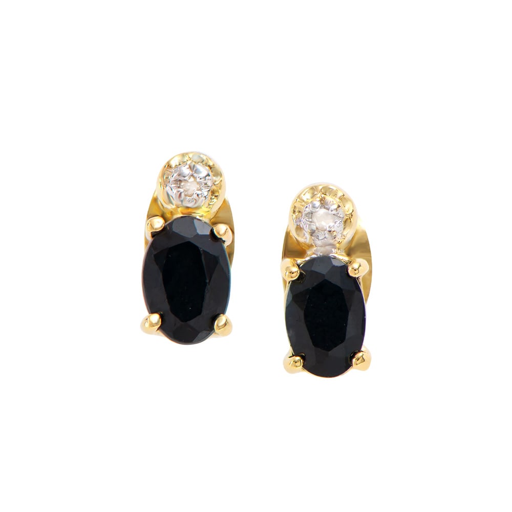 Plated 18KT Yellow Gold 1.10ctw Black Sapphire and Diamond Earrings: One Plated 18KT Yellow Gold 1.10ctw Black Sapphire and Diamond Earrings. (2) Black Sapphires with a total weight of 1.10cts. Diamonds with a total weight of 0.015cts with a color of I-J and with a cla