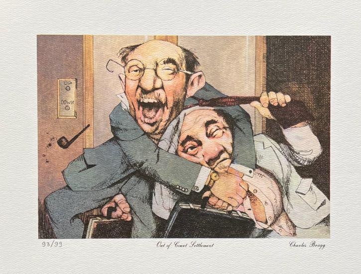 Charles Bragg OUT OF COURT SETTLEMENT Lithograph Lawyer Judge Art: This is a Charles Bragg limited edition color lithograph titled ?OUT OF COURT SETTLEMENT?. Medium: Lithograph on Arches. Facsimile Signed. This subject is numbered from an edition of 99. Paper Size: 1