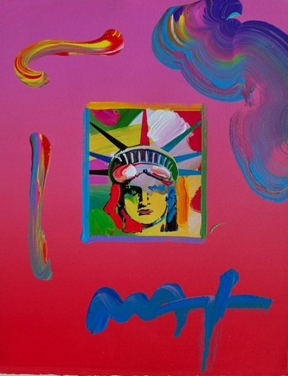 Peter Max LIBERTY HEAD 3 Hand Signed Original Mixed: This is a framed Peter Max hand signed mixed media titled "LIBERTY HEAD". This piece is stamped on the back with a 2009 Peter Max copyright with a serial number of the piece. Measures 11.25" x 8.5". C