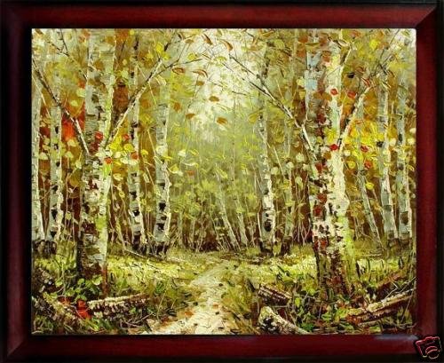 Framed Oil Painting on canvas - Forrest Path: This is a striking piece that has been hand painted and signed by the artist. Painted with soft colors that fuse together to create a peaceful and reflective piece, the realism and accuracy seen in th