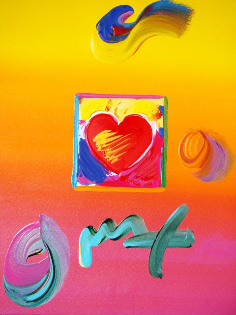 Peter Max "HEART" Original Mixed Media: This is a Peter Max hand signed mixed media titled "HEART". This piece is hand overpainted by Peter Max with a variation color combination of brushstrokes of his original artwork and hand signed by Pe