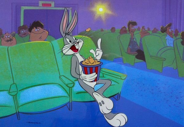 Warner Bros BUGS BUNNY AT THE MOVIES Sericel: This is a Limited Edition Sericel of Warner Bros Looney Tunes titled "BUGS BUNNY AT THE MOVIES". This fantastic animation features Bugs Bunny as he appeared in the 1970's cartoons. This Cel measures 8
