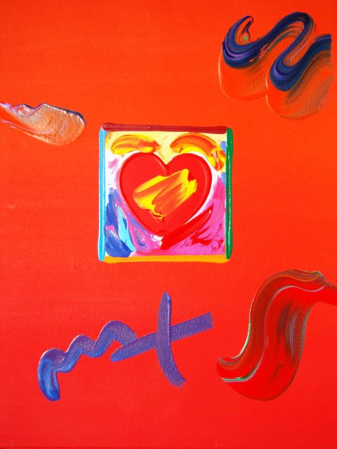 Peter Max "HEART" Original Mixed Media: This is a Peter Max hand signed mixed media titled "HEART". This piece is hand overpainted by Peter Max with a variation color combination of brushstrokes of his original artwork and hand signed by Pe