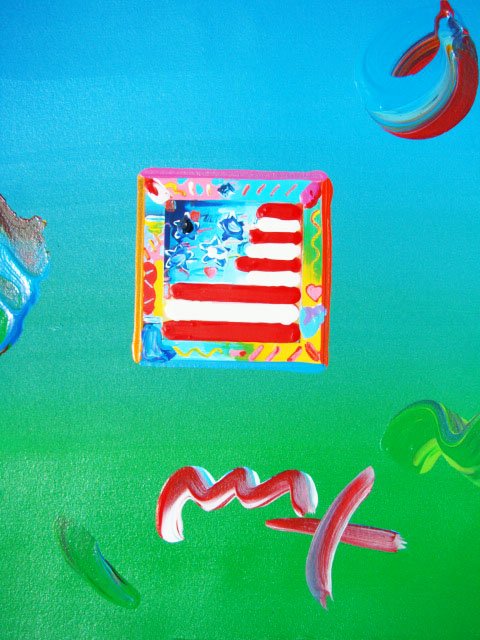 Peter Max "FLAG WITH HEARTS" Original Mixed Media: This is a Peter Max hand signed mixed media titled "FLAG WITH HEARTS". This piece is hand overpainted by Peter Max with a variation color combination of brushstrokes of his original artwork and hand s