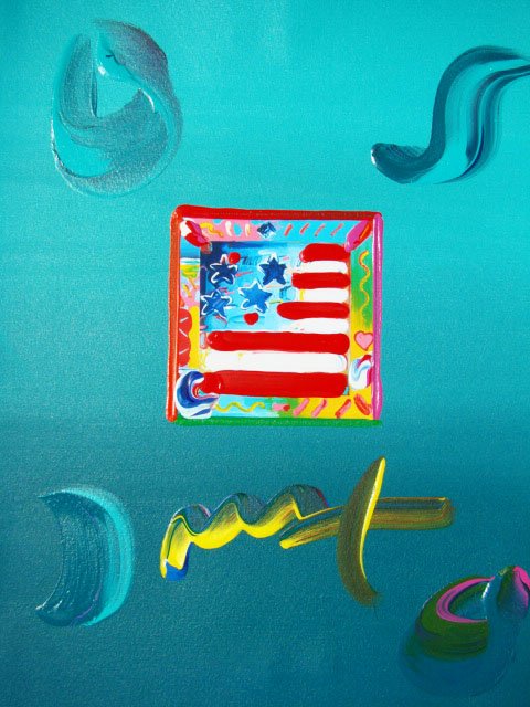 Peter Max "FLAG WITH HEARTS" Original Mixed Media: This is a Peter Max hand signed mixed media titled "FLAG WITH HEARTS". This piece is hand overpainted by Peter Max with a variation color combination of brushstrokes of his original artwork and hand s