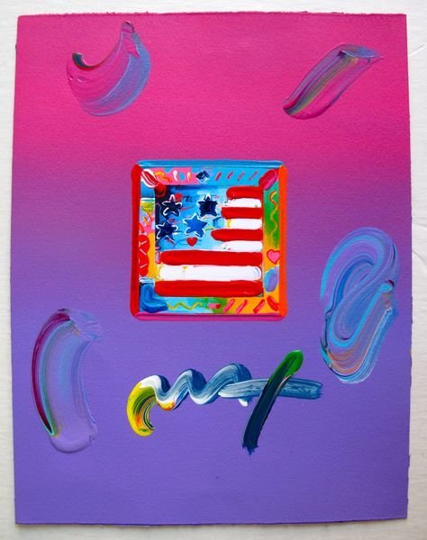 Peter Max FLAG WITH HEARTS Original Mixed Media: This is a Peter Max hand signed mixed media titled "FLAG WITH HEARTS". This piece is hand overpainted by Peter Max with a variation color combination of brushstrokes of his original artwork and hand s
