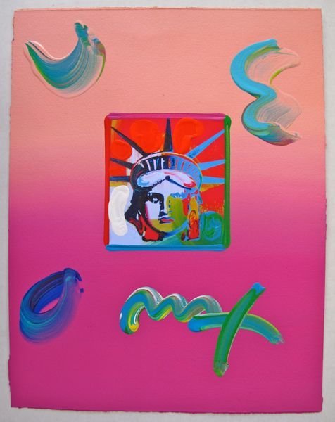 Peter Max LIBERTY HEAD Original Mixed Media: This is a Peter Max hand signed mixed media titled "LIBERTY HEAD". This piece is hand overpainted by Peter Max with a variation color combination of brushstrokes of his original artwork and hand signe