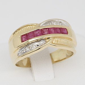 Amazing Yellow Gold Ruby & Diamond Ring $3125: Ruby 0.84 ct. (Channel setting, Square 2 mm = 7) Diamond 0.02 ct. (Pave setting, Round s/c 0.005 ct = 4) H-I diamond color, I1-I2 diamond clarity . Weight (gr) :2.98 ,Size : 7,comes with certificate. 