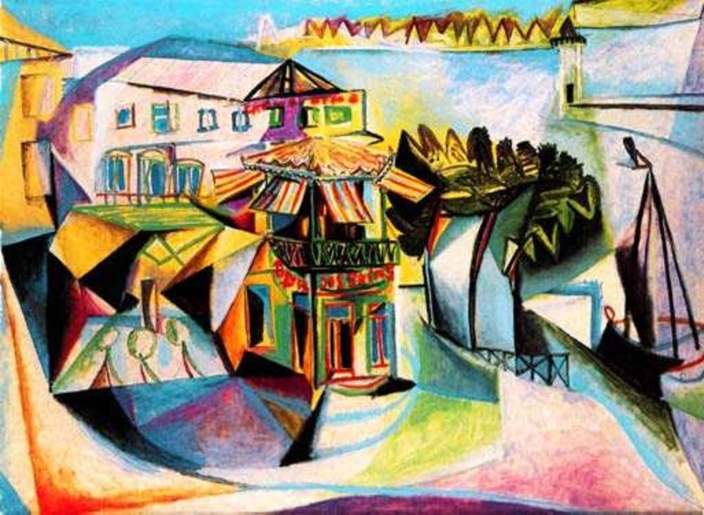 CAFE AT ROYAN Picasso Estate Signed Giclée: This is a PABLO PICASSO (ESTATE COLLECTION DOMAINE) giclée lithograph print titled "Café at Royan." This artwork is magnificent with brilliant rich colors and visual sweep. This is an authentic Esta