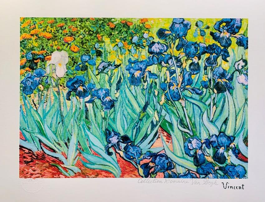 Irises by Vincent Van Gogh Estate Signed Giclee: Reproduction giclee titled IRISES. This piece is pencil signed on the lower right as Collection Domaine Van Gogh and has an embossed seal stamped by the Estate Domaine. Pencil numbered from an edition