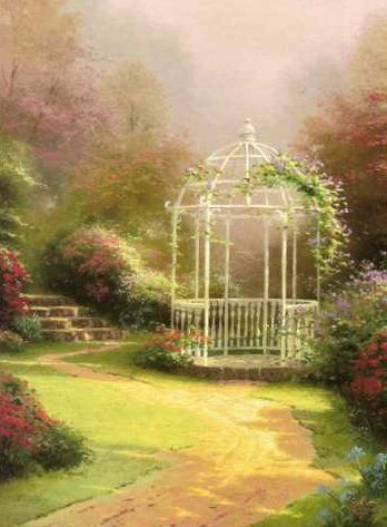 Thomas Kinkade "Lilac Gazebo": Signed by the Artist Paper Lithograph Limited Edition Includes Official Thomas Kinkade Certificate of Authenticity •Approx Size: 16" x 20"