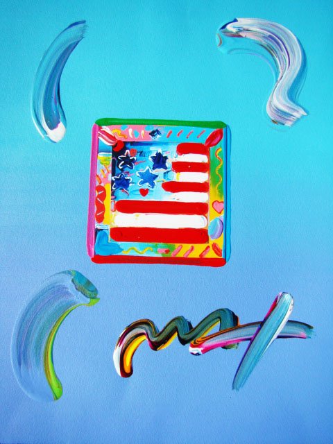Peter Max "Flag with Heart" Original Mixed Media: This is a framed Peter Max hand signed mixed media titled "Flag with Heart". This piece is stamped on the back with a 2009 Peter Max copyright with a serial number of the piece. Measures 11.25" x 8.5"